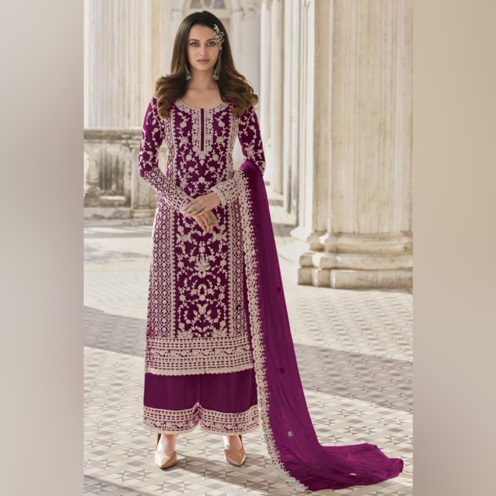Purple Color Net Fabric Party Wear Provocative Embroidered Palazzo Suit